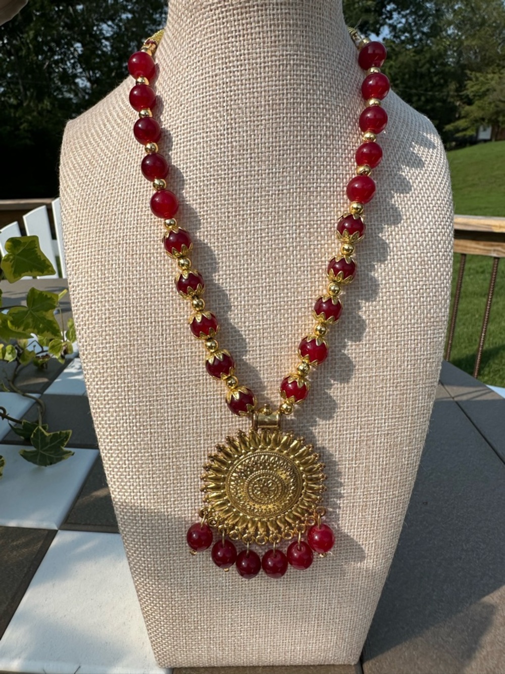Vintage Gold-Tone Pendant Necklace with Red Acrylic Beads